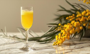 Cocktail in a glass goblet with mimosa branches in the background AI generated