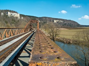 Railway bridge over the Danube, Tuttlingen district, Baden-Wuerttemberg, Germany, Europe
