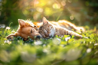 Cute young dog and cat sleeping in grass. KI generiert, generiert, AI generated