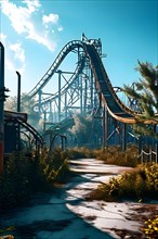 Bandoned amusement park overgrown with vegetation and rusting roller coasters, AI generated