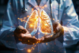 Doctor's hands holding virtual image of human lung. KI generiert, generiert, AI generated