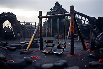 Lava destroying the remnants of a playground swings and slides emerging from hardened lava, AI