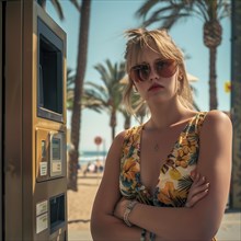 Angry young woman leaning against a vending machine with palm trees in the background on a hot