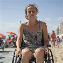 Young woman in a wheelchair enjoys the summer at the beach, KI generiert, AI generated
