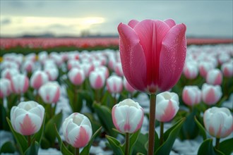A single red tulip stands out against a field of white tulips covered in morning dew, AI generated