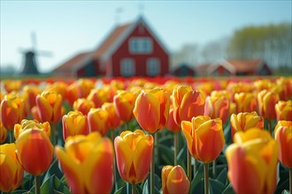 Field of blooming red tulips with a traditional Dutch windmill in the background, AI generated