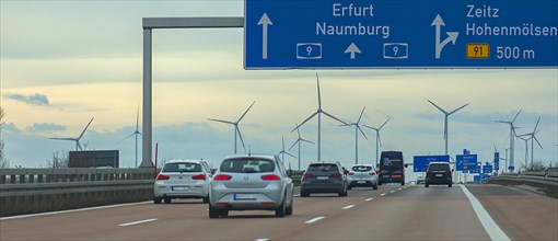 Wind turbines on the A 9 motorway, Saxony-Anhalt, Germany, Europe