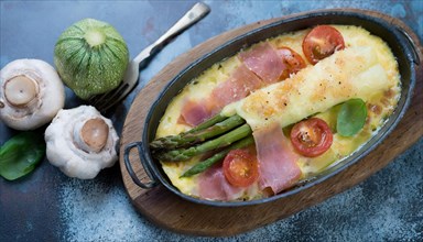 Asparagus au gratin with ham and fresh tomatoes presented in an oval oven dish, asparagus gratin
