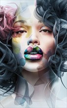 A dreamy portrait of a female with colorful artistic makeup and soft tones, Vertical digital