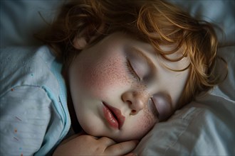 Sleeping young boy child with red hair and freckles. KI generiert, generiert, AI generated