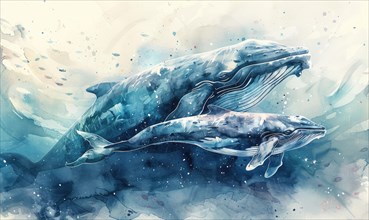 Watercolor illustration of mother whale with her calf in ocean AI generated