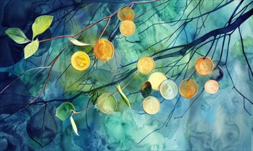Vibrant watercolor painting of money coins hanging from branches of a tree sprout AI generated