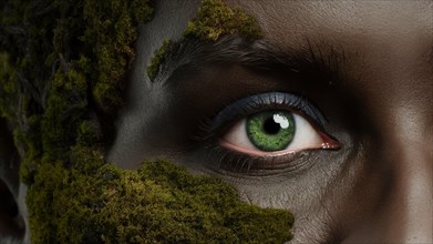 Enigmatic close-up of a woman with moss partially covering her face, growing and thriving, creating