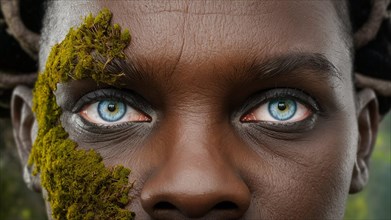 Close-up of a face with moss partially covering it, highlighting striking blue eyes, earth day