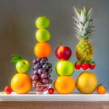 Creatively balanced tower of fruits with a pineapple top against a neutral grey background, AI