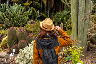 A woman wearing a straw hat walks through a desert garden. She is carrying a backpack and she is
