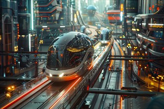 Futuristic train speeding along elevated tracks in a cyberpunk cityscape, AI generated