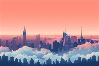 Dreamy skyline with skyscrapers above the clouds at sunrise, illustration, AI generated