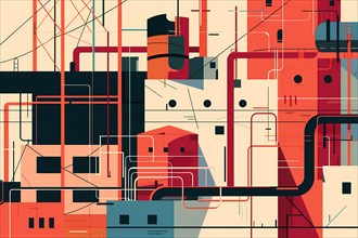 Complex abstract with industrial geometric shapes and pipes in bold colors, illustration, AI