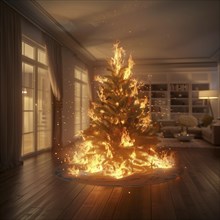 A Christmas tree burns completely in a dark living room, AI generated
