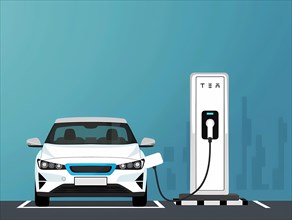 A white electric car charging at a Tesla station with a minimalistic style, illustration, AI