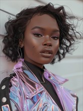 Portrait of a woman with curly hair and intense gaze, wearing a holographic jacket and black shirt,