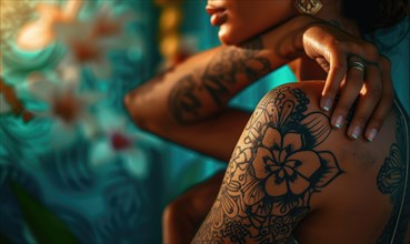Close-up of a woman's shoulder adorned with a detailed and elegant floral tattoo AI generated