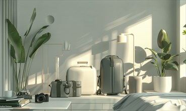 Minimalistic modern bedroom with travel items and plants in morning light AI generated