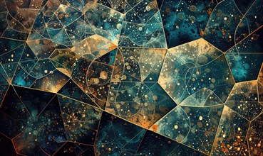 An abstract portrayal of geometric shapes and patterns against a starry sky with golden tones AI