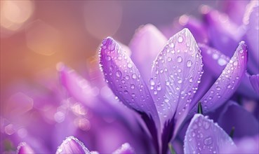 A close-up of delicate violet crocuses with dewdrops glistening on their petals AI generated