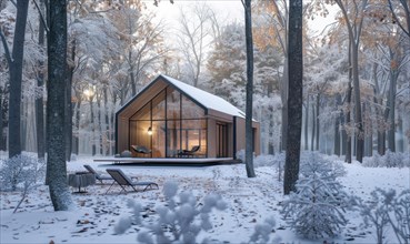 A minimalist modern wooden cabin surrounded by snow-covered trees in the winter forest AI generated