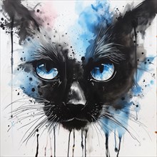 Abstract watercolor painting of a cat with dripping blue and black paint, AI generated