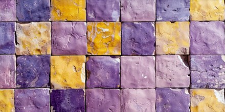Wall with old square shaped purple and yellow stone cubes, AI generated