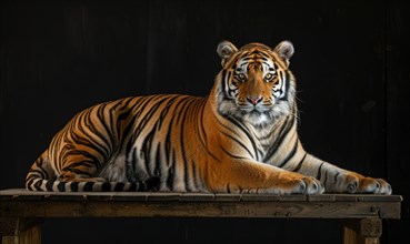 An Amur tiger posed on a platform under studio lights, black background AI generated