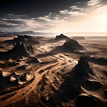 Patagonian desert landscape with powerful wind shaping landforms isolated rock formations, AI