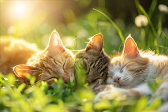 Lovely cats cuddling while sleeping in grass. KI generiert, generiert, AI generated