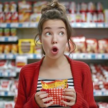 A surprised young woman holds a product in the supermarket, AI generated