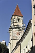 Town Hall Tower Old Town Hall, Passau, Historic tower with clock under a clear blue sky, Passau,