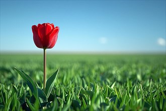A single red tulip stands out in a vast green field under a clear sky, AI generated