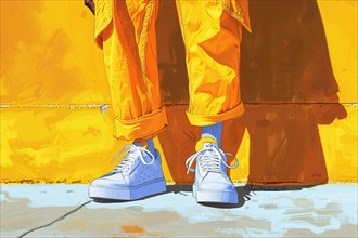 A stylized illustration of a person's feet in yellow sneakers against a yellow background, AI