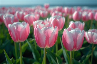 Soft pink and white tulips create a serene atmosphere, AI generated