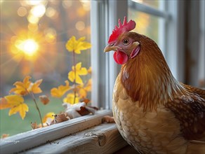 Golden hour lighting with a chicken by the window amidst autumn foliage, AI generiert, AI generated