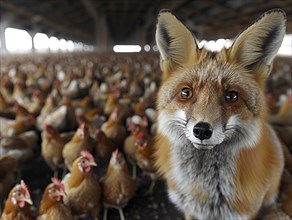 Fox stands in front of a large number of chickens in a coop, AI generated, AI generated