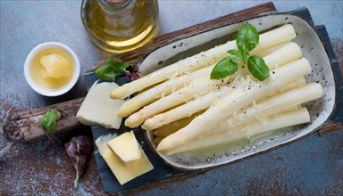Fresh white asparagus garnished with cheese on a rustic wooden board, next to olive oil, cooked