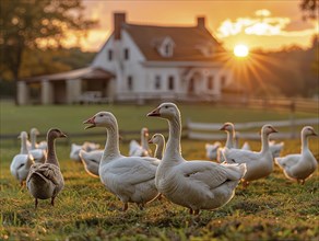 A group of geese in a meadow in front of a house during a bright sunset, AI generated, AI