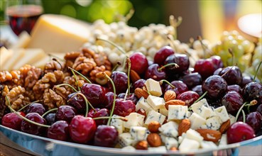 Ripe cherries arranged on a platter with cheese and nuts AI generated