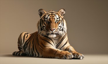 A Bengal tiger elegantly posing in front of a neutral backdrop AI generated