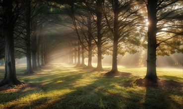 A cedar grove shrouded in mist, nature background AI generated