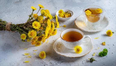 Two cups of coltsfoot tea with fresh flowers on a light-coloured background, medicinal plant