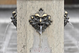 Rialto Market, shell fountain, detail of a historic fountain with gargoyle, Venice, Veneto, Italy,